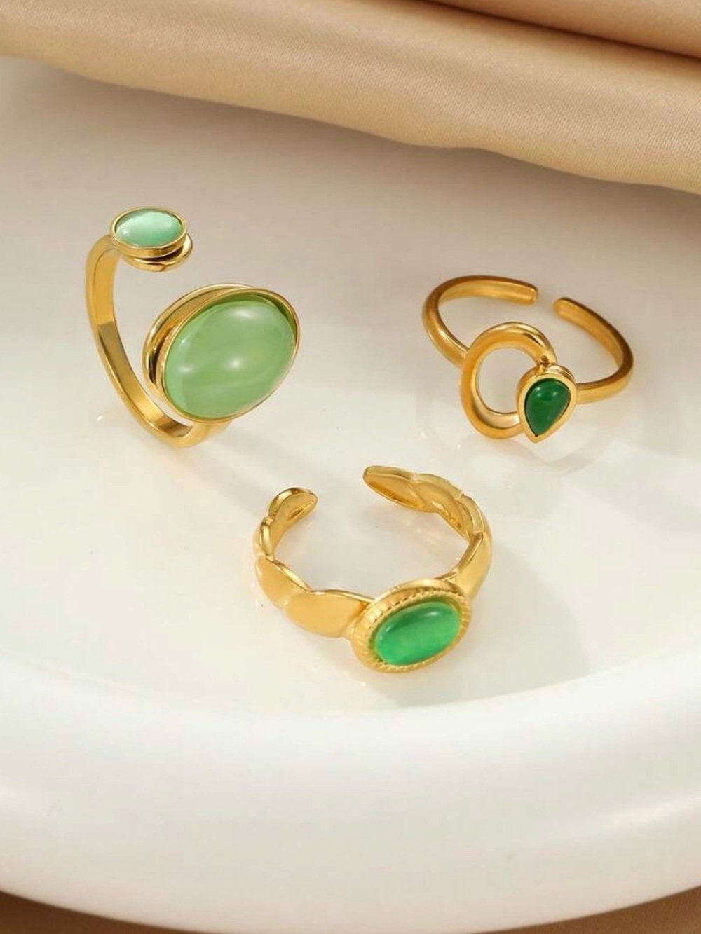 Gold Plated Green Stone Stacking Ring Set - Picture 3 of 4